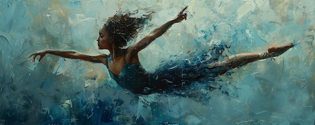 A portrait of a ballerina poised in midair her expression a mix of grace and strength