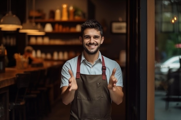 Portrait of a Barista or Waiter at a Cafe or Coffee Shop Generative Ai