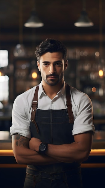 Portrait of a bartender against bar atmosphere background with space for text background image