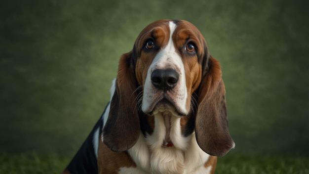 Photo portrait of a basset hound dog with big brown eyes