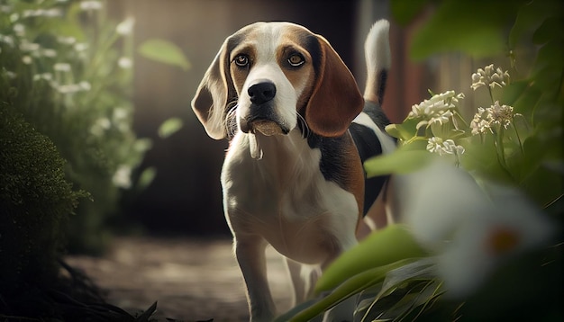 Portrait of a beagle dog in the garden with flowersgenerative ai