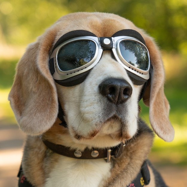 Portrait of a Beagle dog with motorglasses