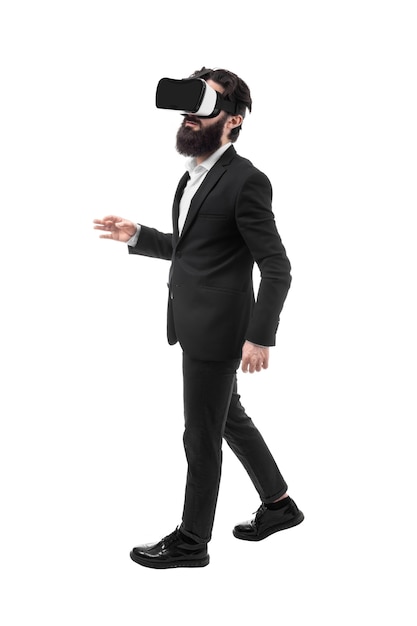 portrait of a bearded businessman in virtual reality glasses, isolated on white background