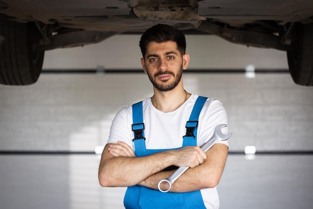 Portrait of bearded handsome automotive mechanic man standing in garage vehicle service manager work