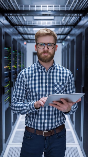 Photo portrait of a bearded handsome caucasian it specialist in glasses standing with tablet and posing i