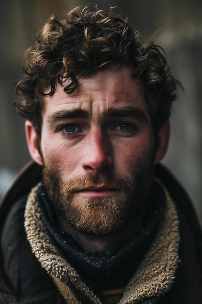 Portrait of a bearded man in a jacket and scarf on the street