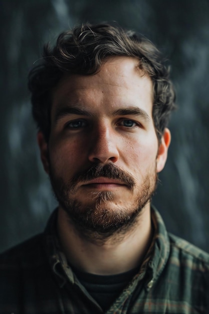 Portrait of a bearded man in a plaid shirt on a dark background