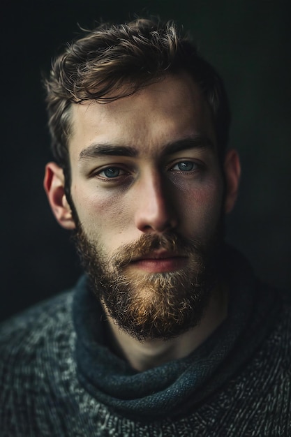 Portrait of a bearded man in a sweater on a dark background