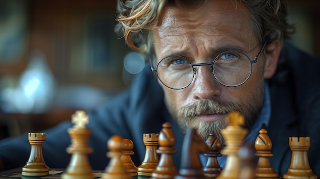 Portrait of a bearded man thinking about game strategy and competing in a chess tournament