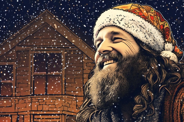 Portrait of a bearded man with long beard and moustache in a knitted hat and scarf sitting in front