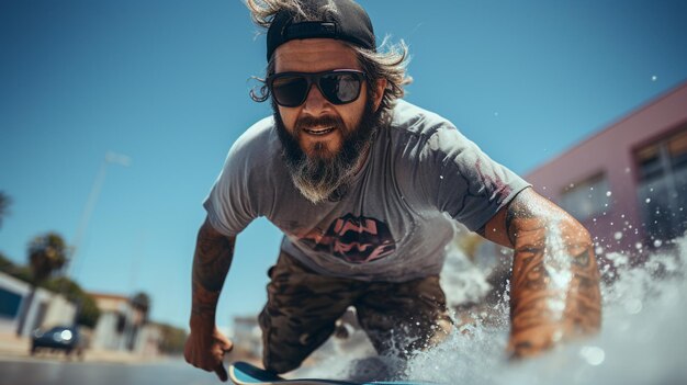 Portrait of a bearded man with longboard in the citygenerative ai