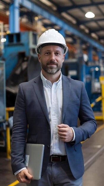 Portrait of a Bearded Middle Aged General Manager Standing in a Factory Facility Wearing Casual Su