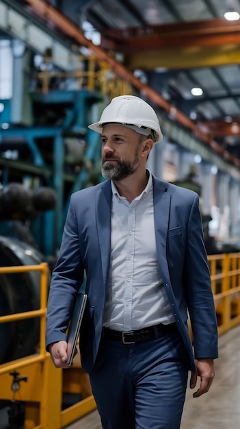 Portrait of a Bearded Middle Aged General Manager Walking in a Factory Facility Wearing Casual Sui