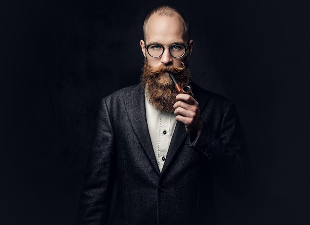 Portrait of bearded redhead English male smoking pipe over grey background.