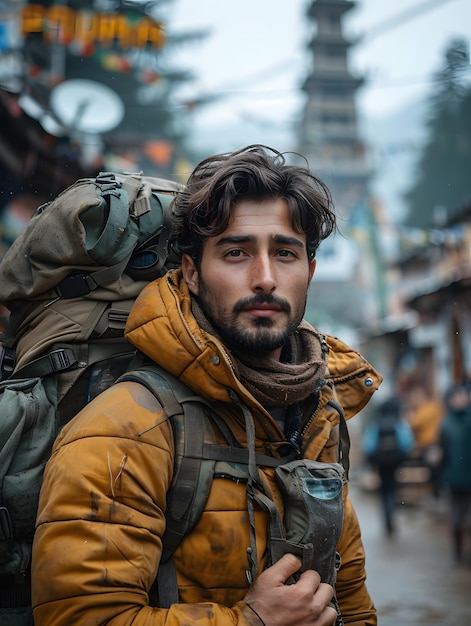 Portrait of a bearded young male traveler with a backpack in front of an industrial backdrop