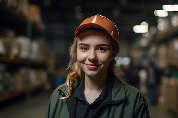 Portrait beatiful Caucasian woman worker supervisor with engineer safety suit work in large factory warehouse Generative ai