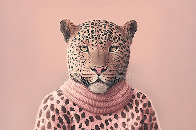 Portrait of a beautiful adult leopard wearing fashion pink sweater on a light background Generative AI