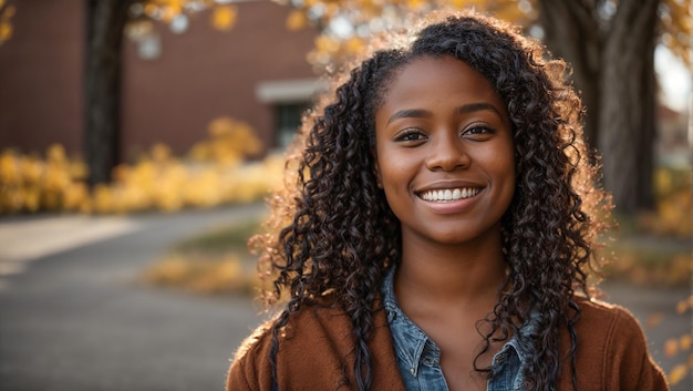 Portrait of a beautiful African American girl student against the background of the university happ