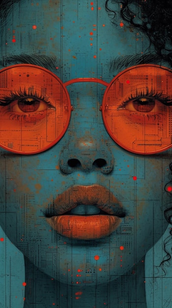 Portrait of a beautiful African American woman in red glasses Grunge effect