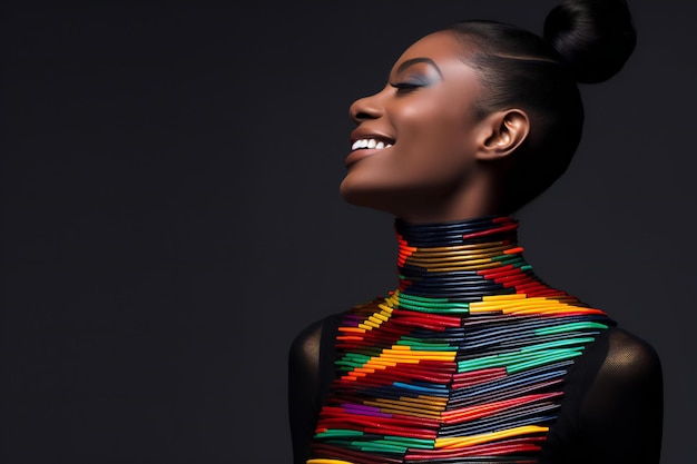 Portrait of beautiful african american woman with colorful bracelets on neck