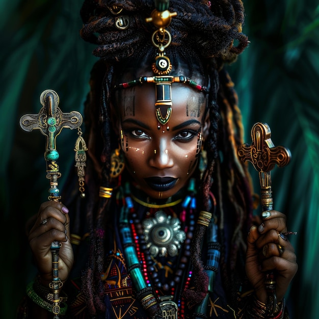 Portrait of a beautiful african american woman with dreadlocks holding a cross