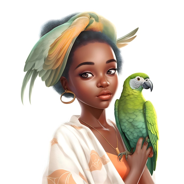 Portrait of a beautiful african american woman with green parrot