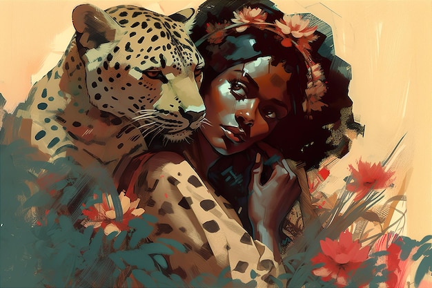 Portrait beautiful African american Woman with LeopardAbstract Poster Cover panorama