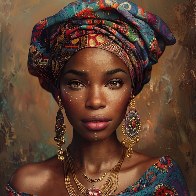 Portrait of beautiful African woman in headscarf and necklace Ai Generated