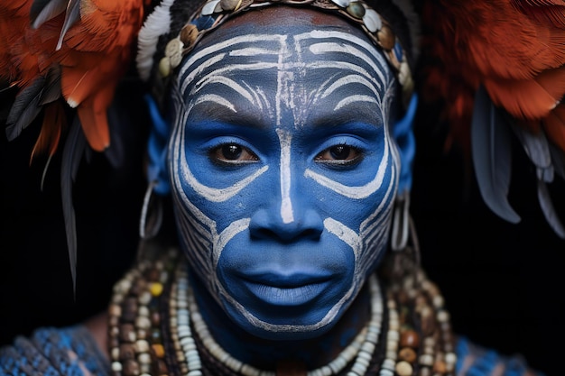 Portrait of a beautiful African woman with feathers on her face