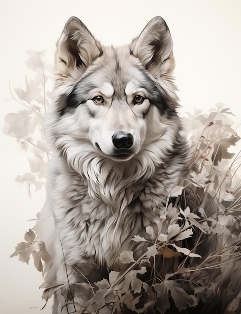 Portrait of a beautiful alaskan malamute in autumn flowers