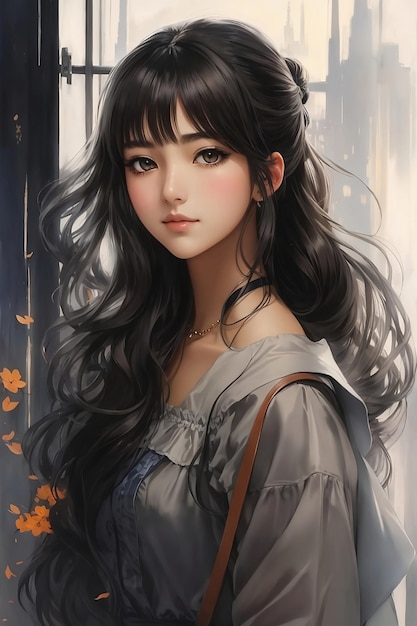 Portrait of a beautiful anime young girl with flying hair on the street Generative AI