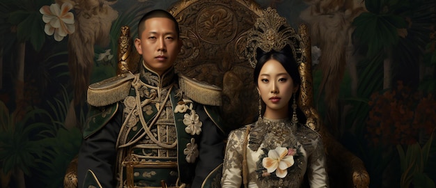 Portrait of a beautiful Asian couple in traditional clothes in a royal palace