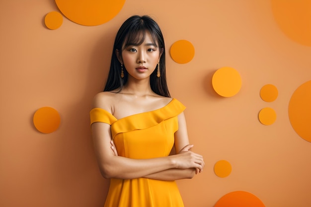 Portrait of beautiful Asian girl wearing yellow dress on orange background