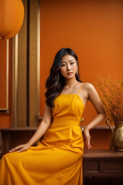 Portrait of beautiful Asian girl wearing yellow dress on orange background