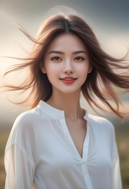 Portrait of a beautiful asian girl in white shirt with flying hair