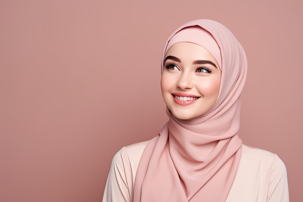 Portrait of beautiful asian muslim woman smiling with copy space