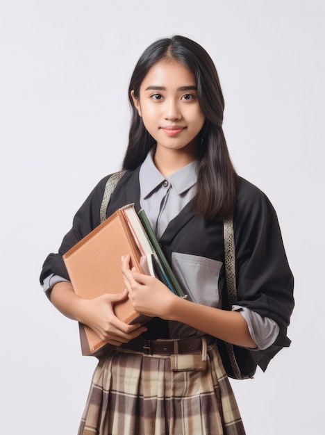 Portrait of a beautiful asian teenage girl with books in her hand