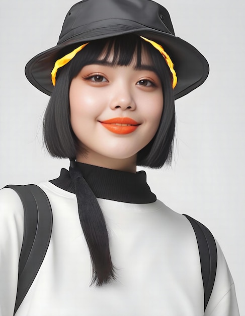 Portrait of a beautiful asian woman in black hat and white shirt