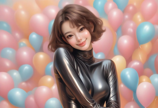 Portrait of beautiful asian woman in black latex costume with colorful balloons