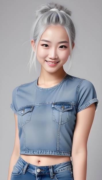 Portrait of a beautiful asian woman in blue shirt and jeans