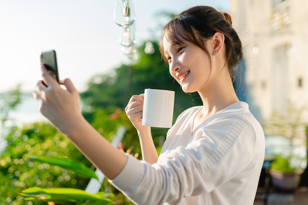 Portrait of beautiful asian woman, early morning,