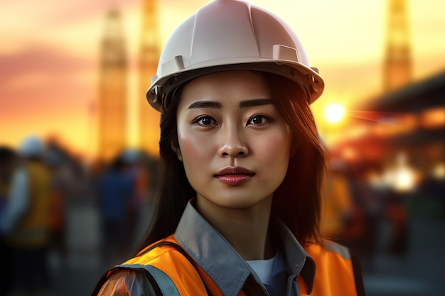 Portrait of a beautiful asian woman engineer with hard hat at sunset