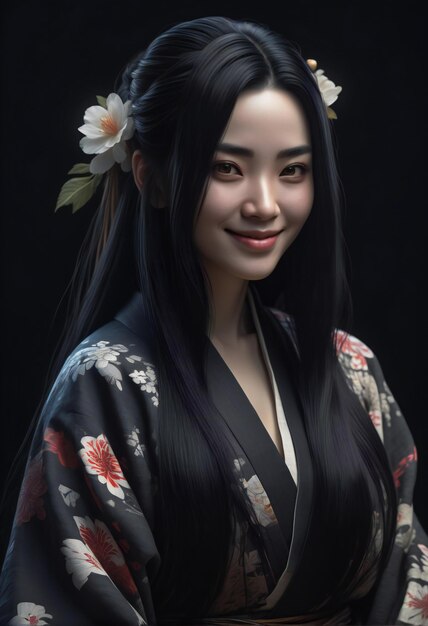 Portrait of a beautiful asian woman in kimono on black background