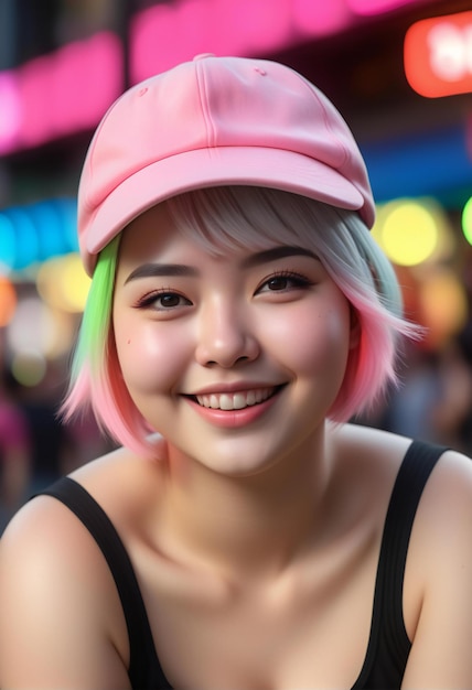 Portrait of beautiful asian woman in pink wig and cap smiling