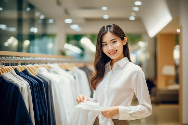 Portrait of beautiful asian woman shopping at clothing store and smiling