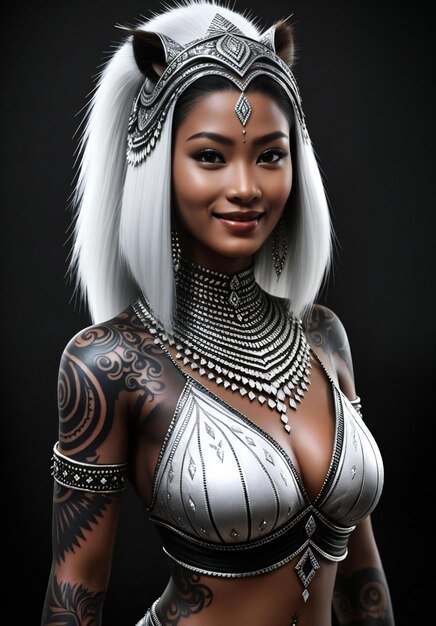 Portrait of a beautiful asian woman in silver armor on dark background