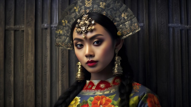 Portrait of a beautiful asian woman in traditional costume close up