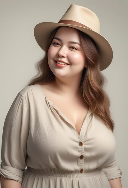 Portrait of beautiful asian woman wear hat and white dress on gray background