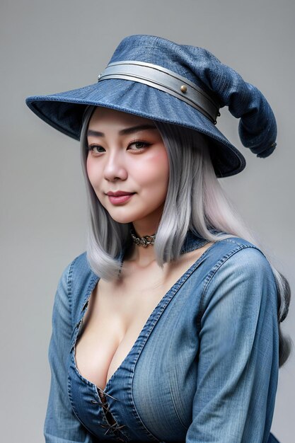 Portrait of beautiful asian woman wearing jean shirt and hat