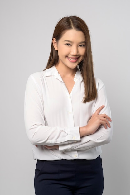 Portrait of beautiful asian woman over white background studio